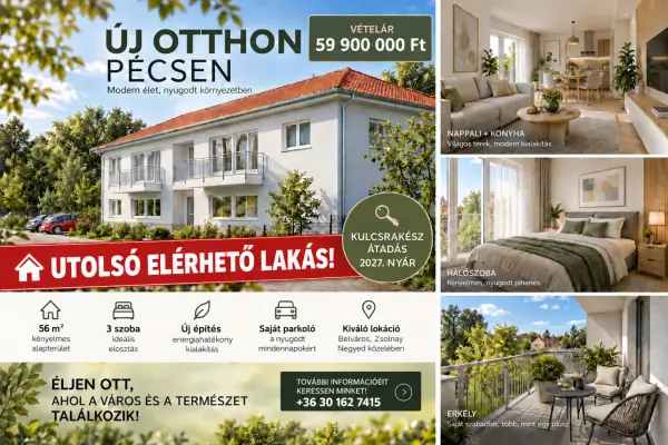 Eladó új építésű téglalakás, Pécs 2+1 szoba 56 m² 59.9 M Ft
